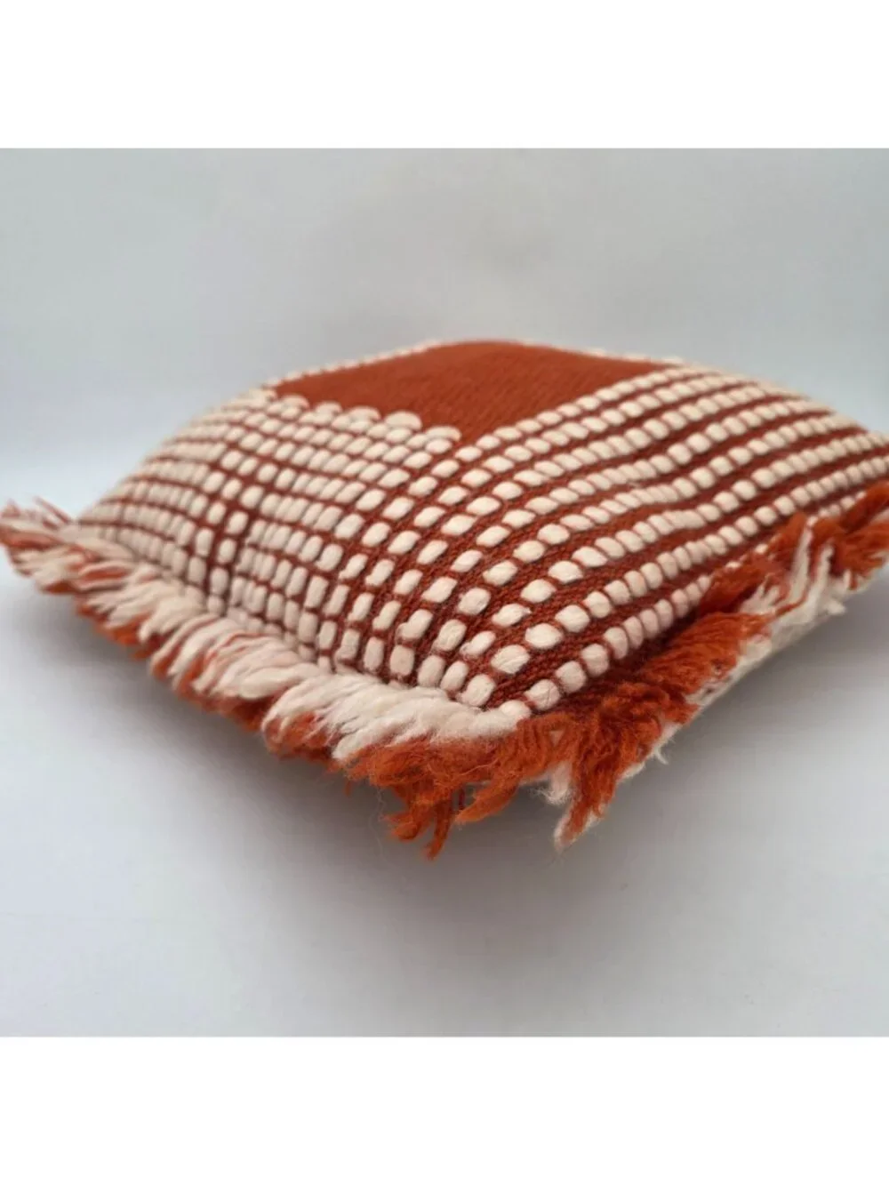 MCM Woven Decorative Throw Pillow Fringe Edges Burnt Orange & Cream Boho 1960s